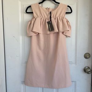 Marina Grey Made in Italy Peplum Ruffle off Shoulder Sleeve Cocktail Dress sz S